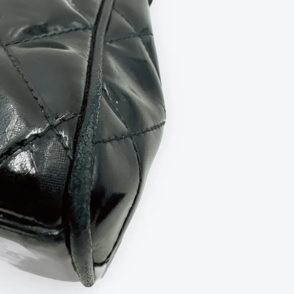 Auth Vtg Chanel Small CC Black Quilted Patent Leather Slit Pocket Shoulder Bag